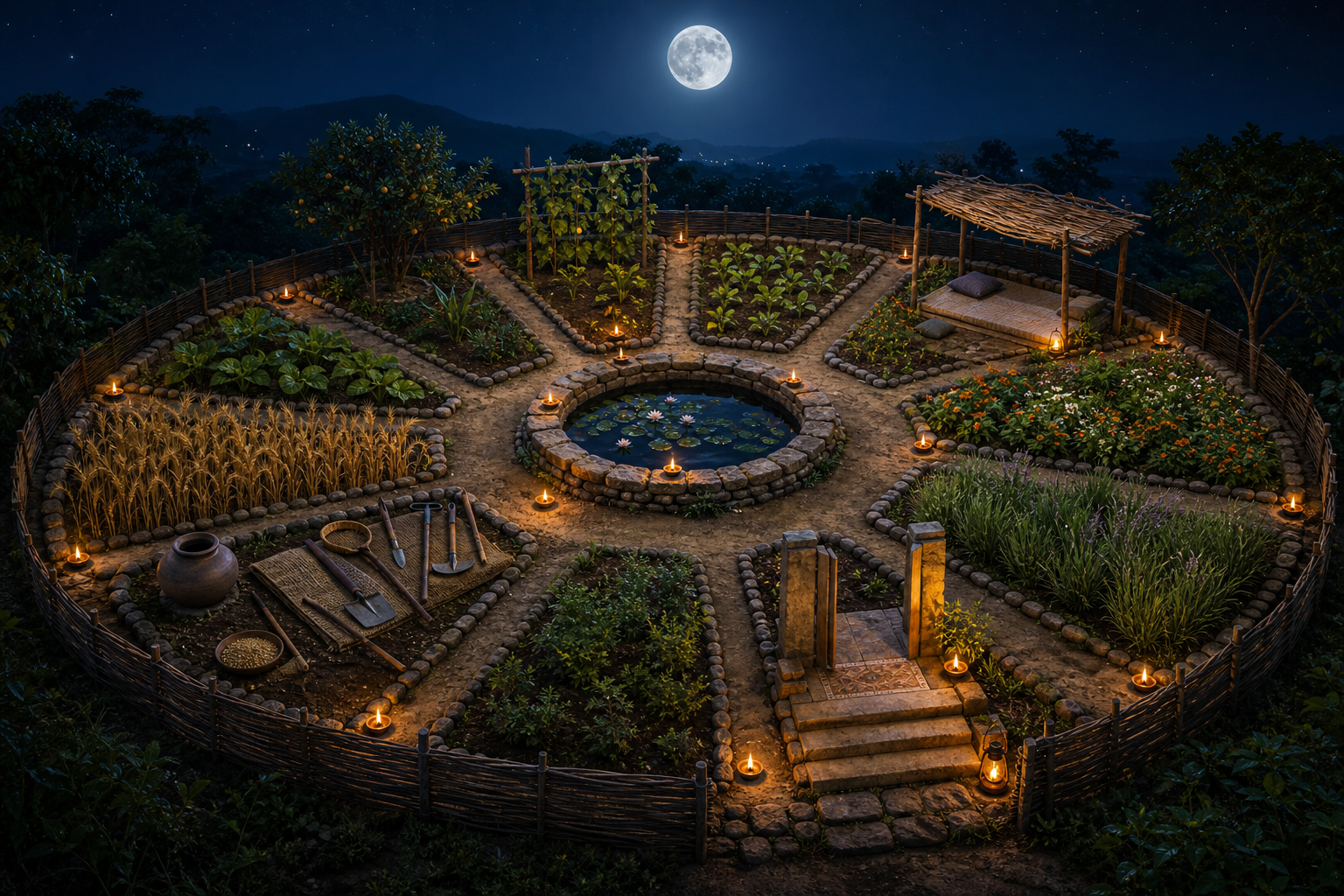 A moonlit circular garden with twelve unlabeled sections containing seedlings, water, grain, tools, flowers, and protective boundaries.