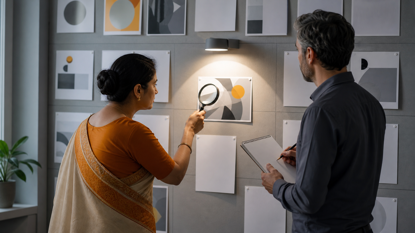 A Hindu woman and an editor examine one isolated image card with a magnifying lens in a quiet review room.
