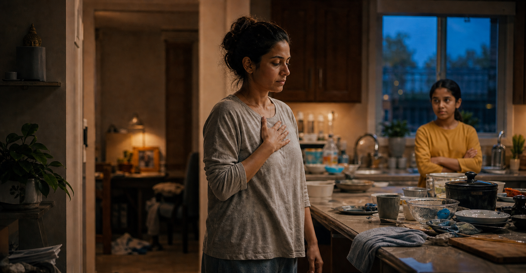 A person pauses to breathe during a tense moment in a busy kitchen while a family member waits nearby.