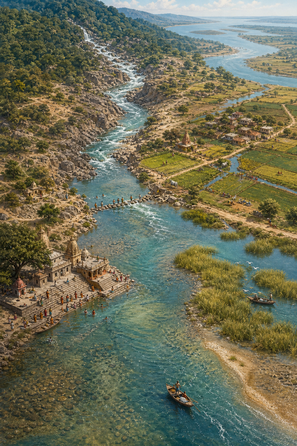 An aerial illustration follows a winding river from wooded uplands past ravines, farms, villages, temple ghats and wetlands toward a distant estuary.