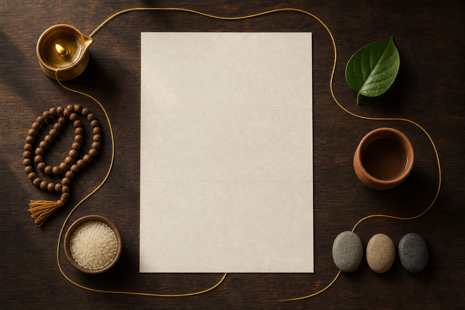 A blank handmade planning sheet surrounded by a brass lamp, mala, rice, a leaf, a clay cup, three stones, and a golden thread.