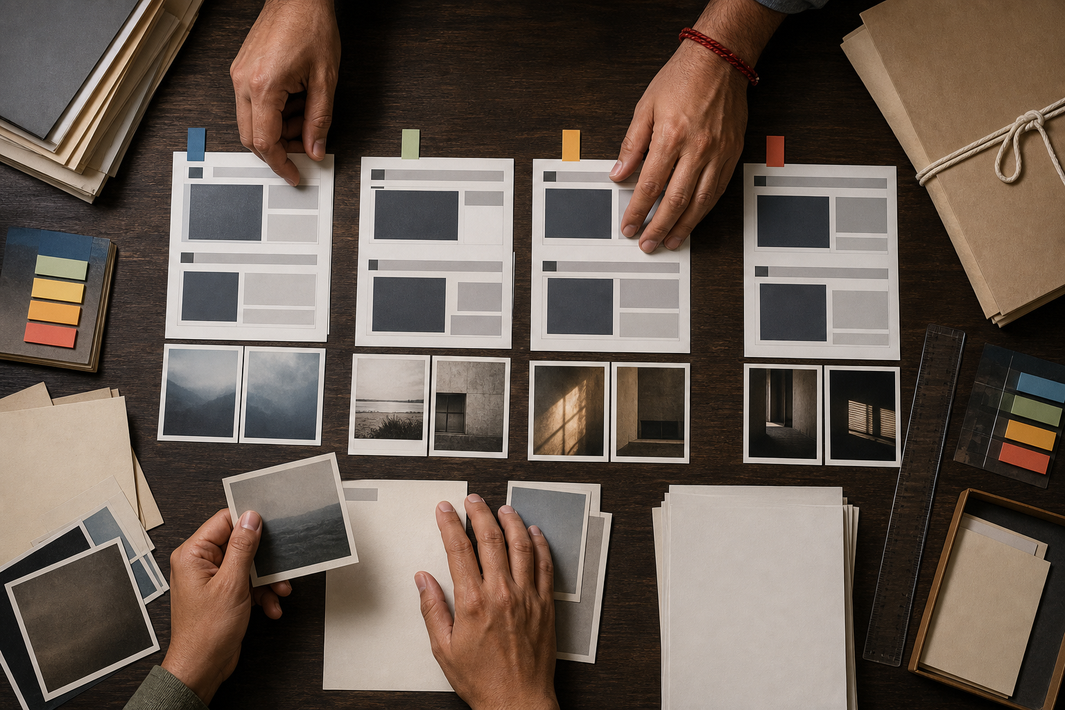 Two people organize unlabeled source pages, image thumbnails, markers, and a tied folder on a wooden desk.