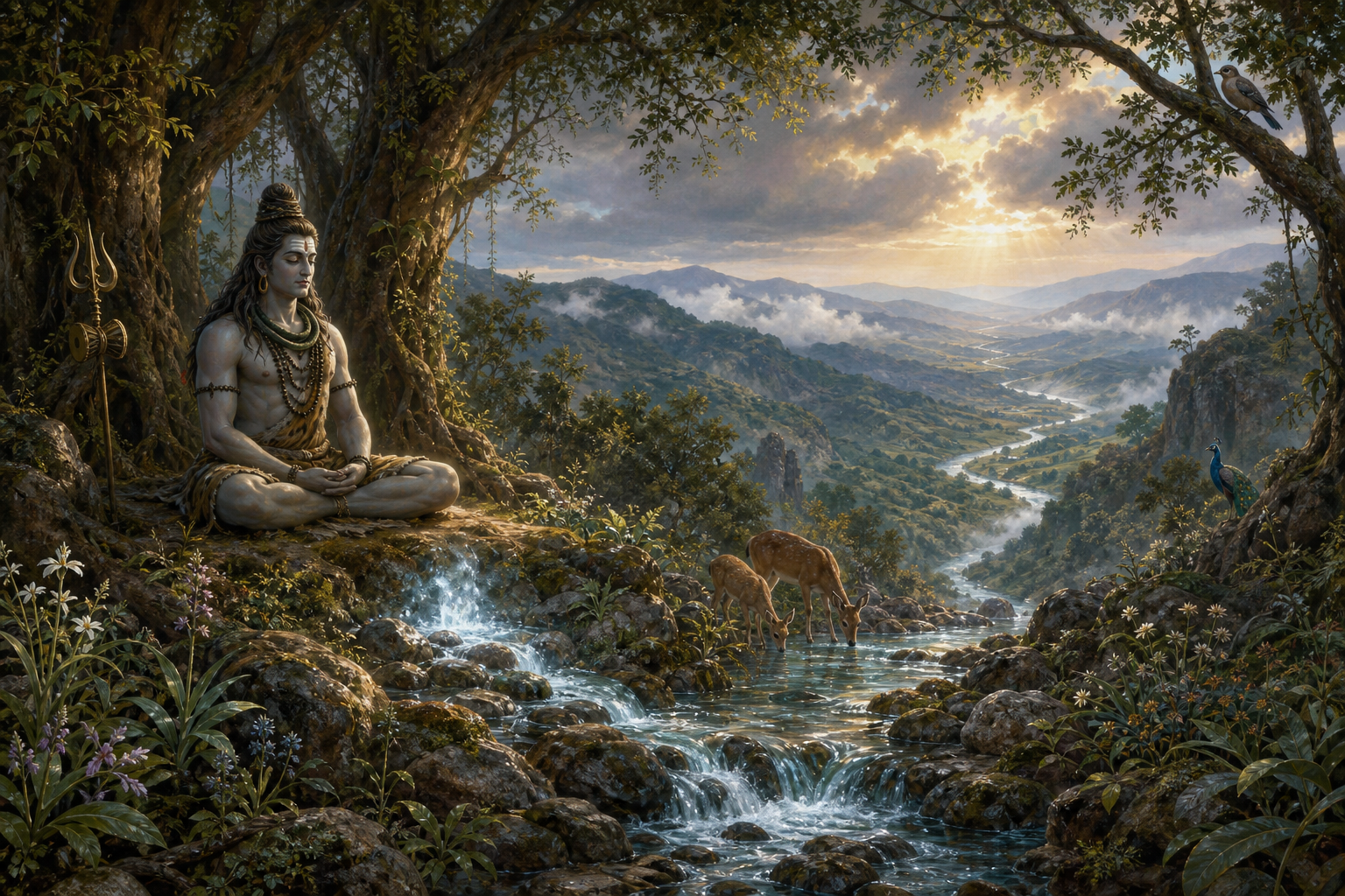 Shiva meditates beneath forest trees while a luminous spring forms a river that flows past plants, deer and birds at dawn.