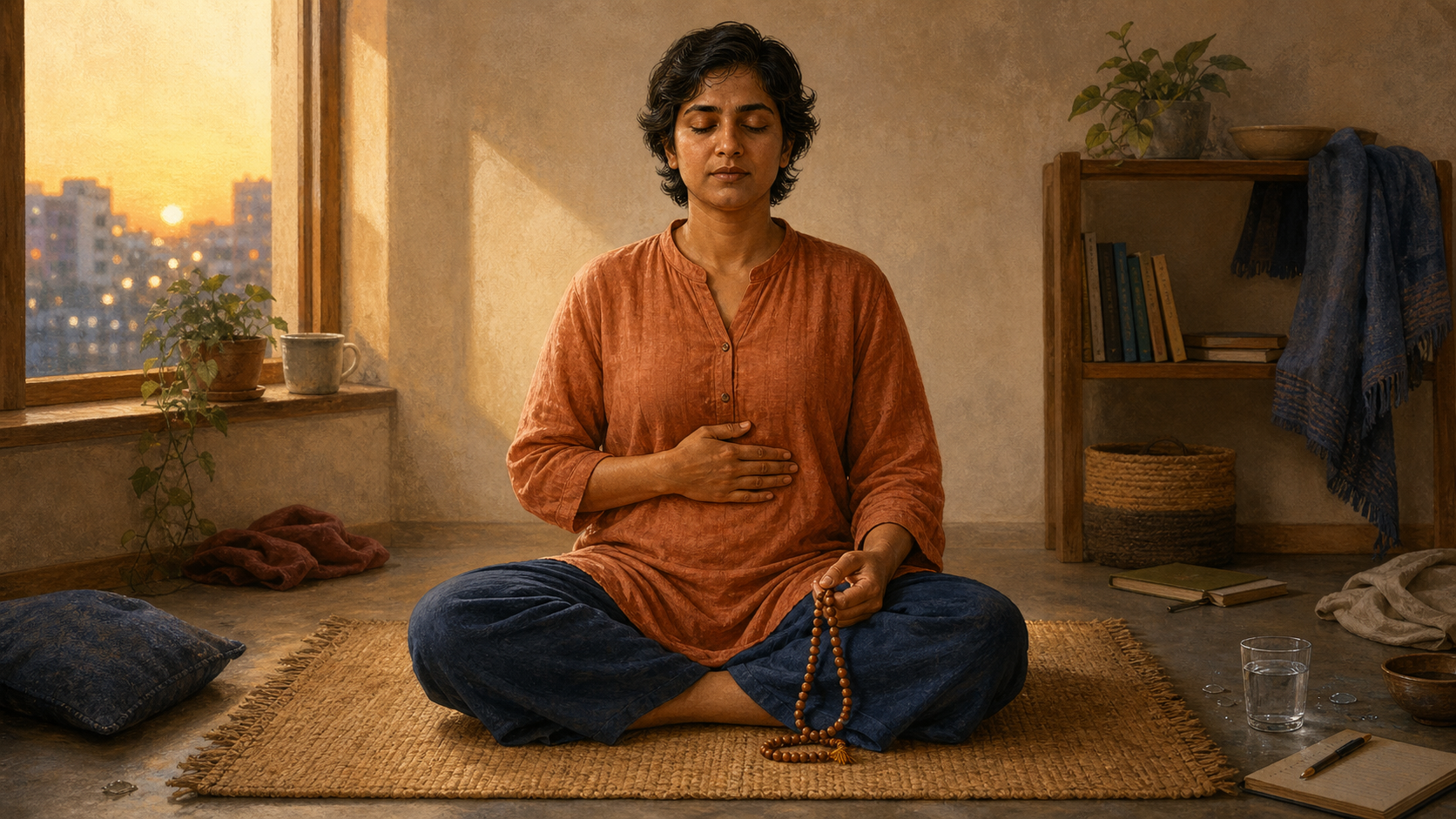 An adult sits on a woven mat at dawn with one hand on the lower ribs and wooden prayer beads resting loosely in the other hand.