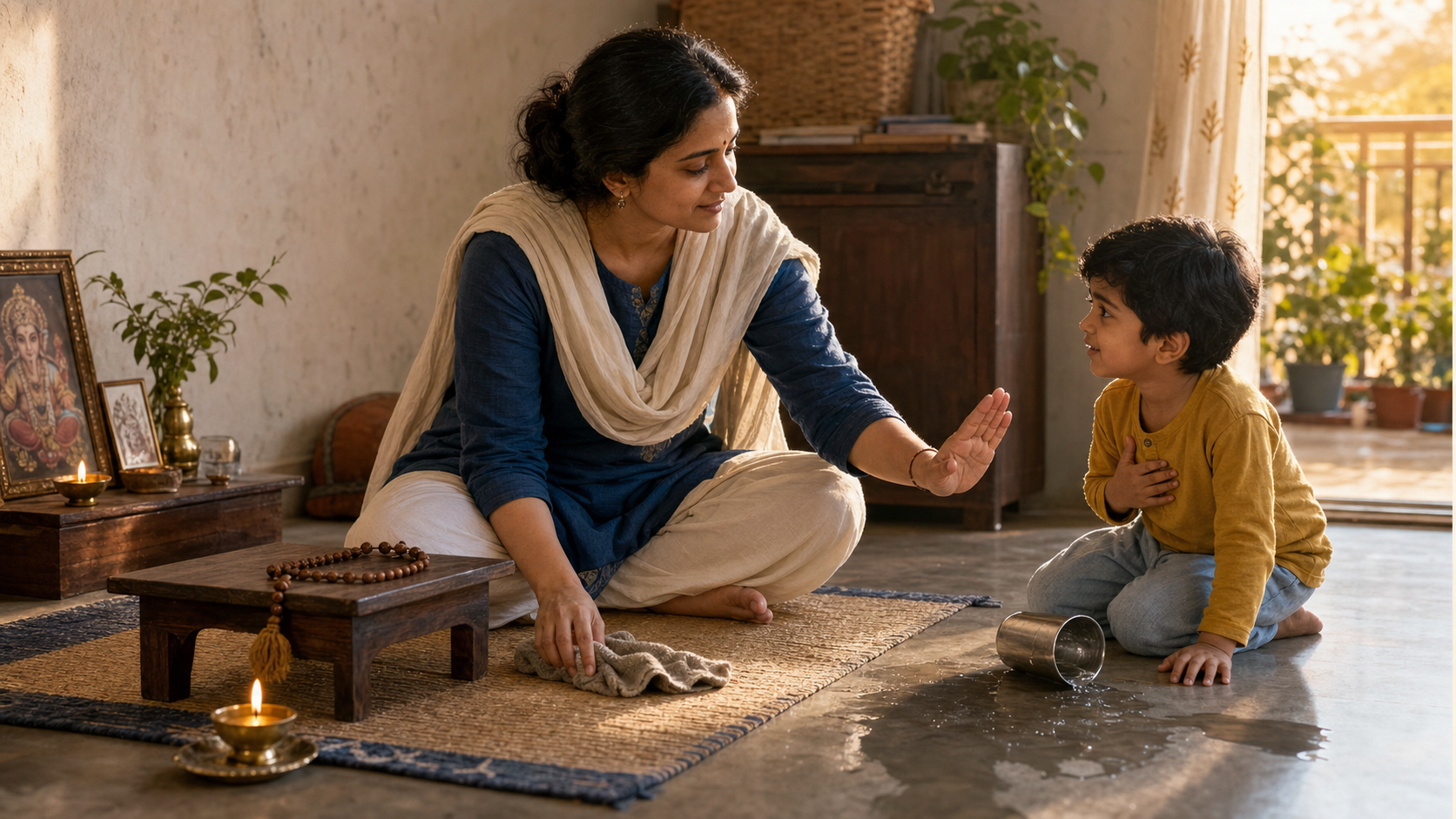 A practitioner pauses japa to calmly help a child clean spilled water beside a meditation seat and a burning oil lamp.