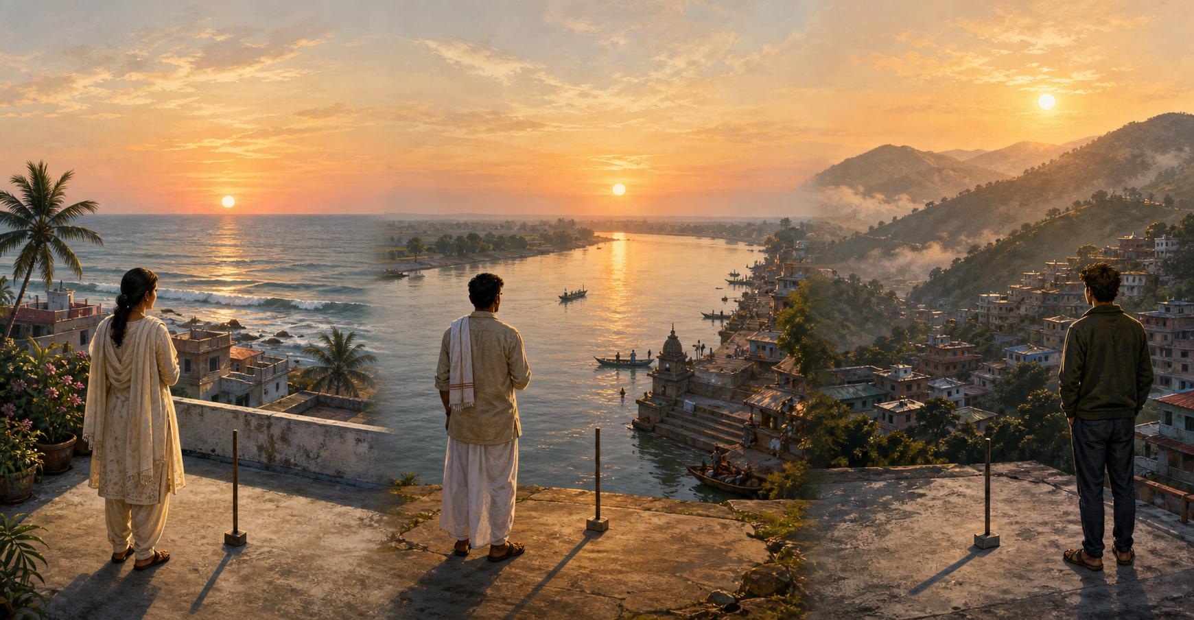 People observe sunrise and gnomon shadows from a coast, a riverside, and a foothill town.
