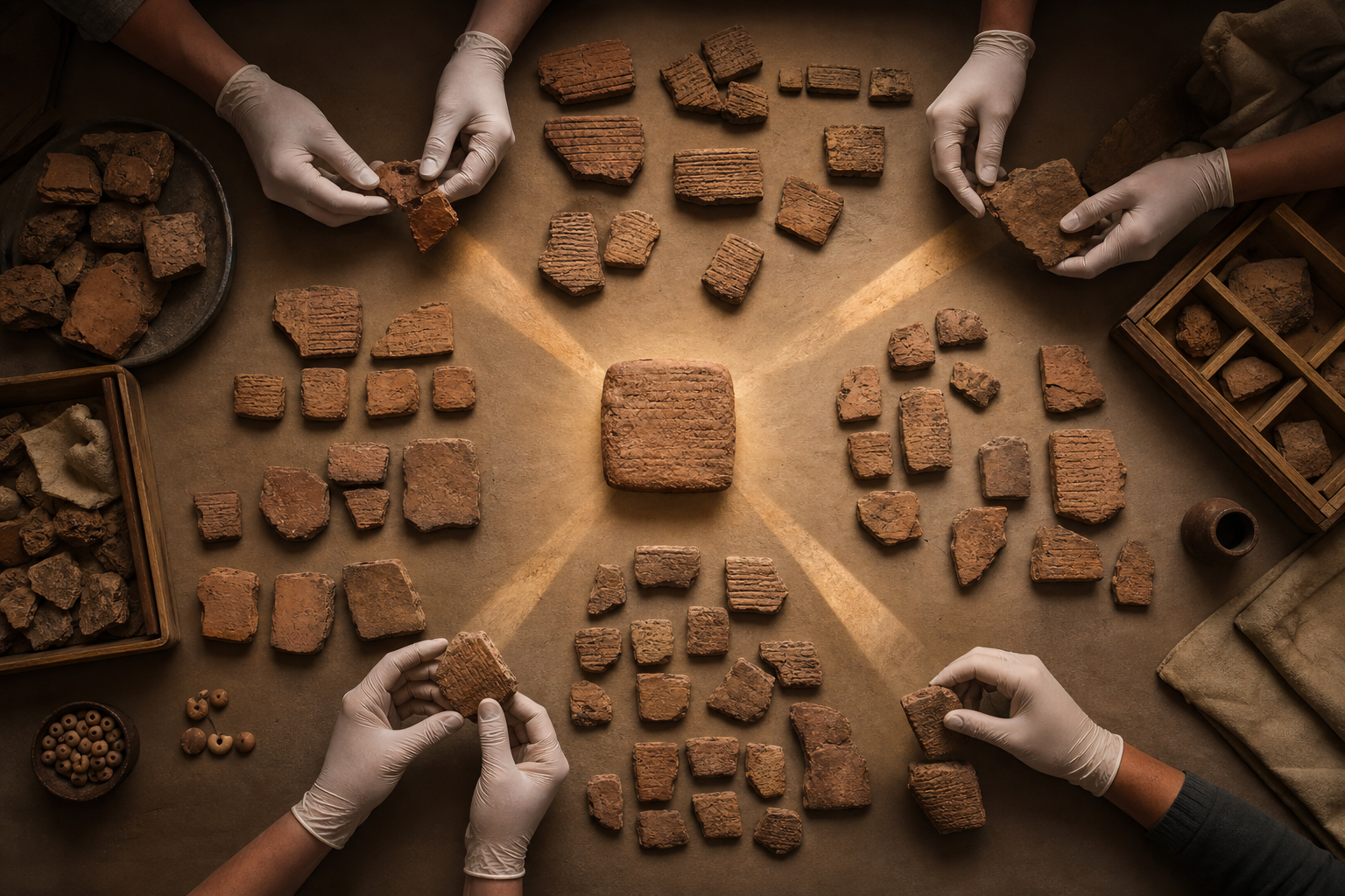 Gloved researchers sort numerous clay tablet fragments into related groups on an archaeological worktable.