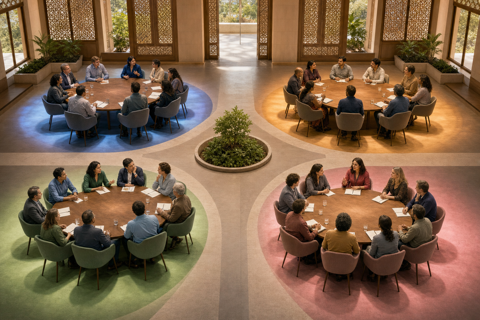 Four separate discussion groups sit at round tables in colored pools of light within a shared civic hall.