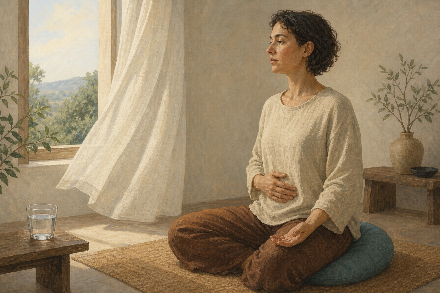 A seated adult rests one hand on the abdomen and relaxes the shoulders beside an open window with a gently moving curtain.