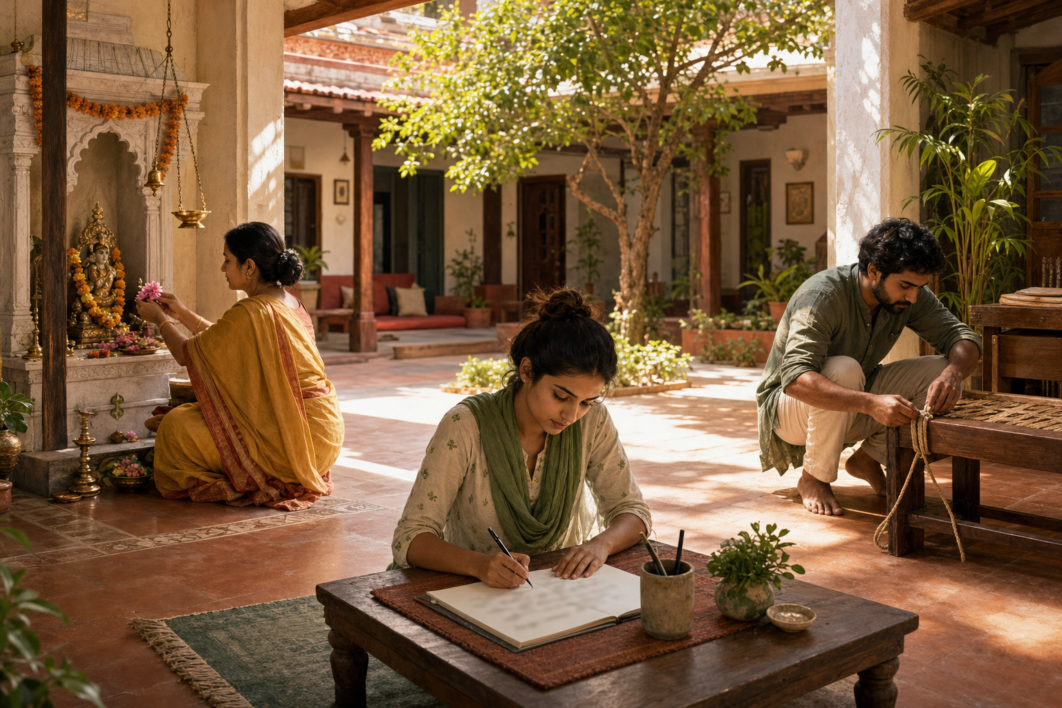 Three people in a courtyard make a flower offering, begin a blank page, and finish tying a completed bundle.