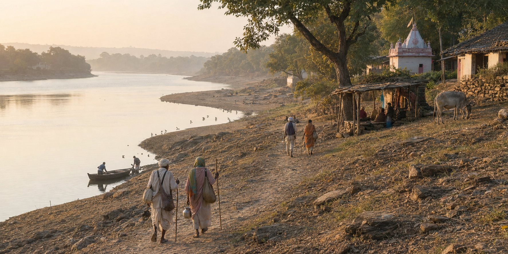Pilgrims carrying small bundles and walking staffs follow a riverbank path past trees, exposed rock, a village rest place, cattle and a small boat.