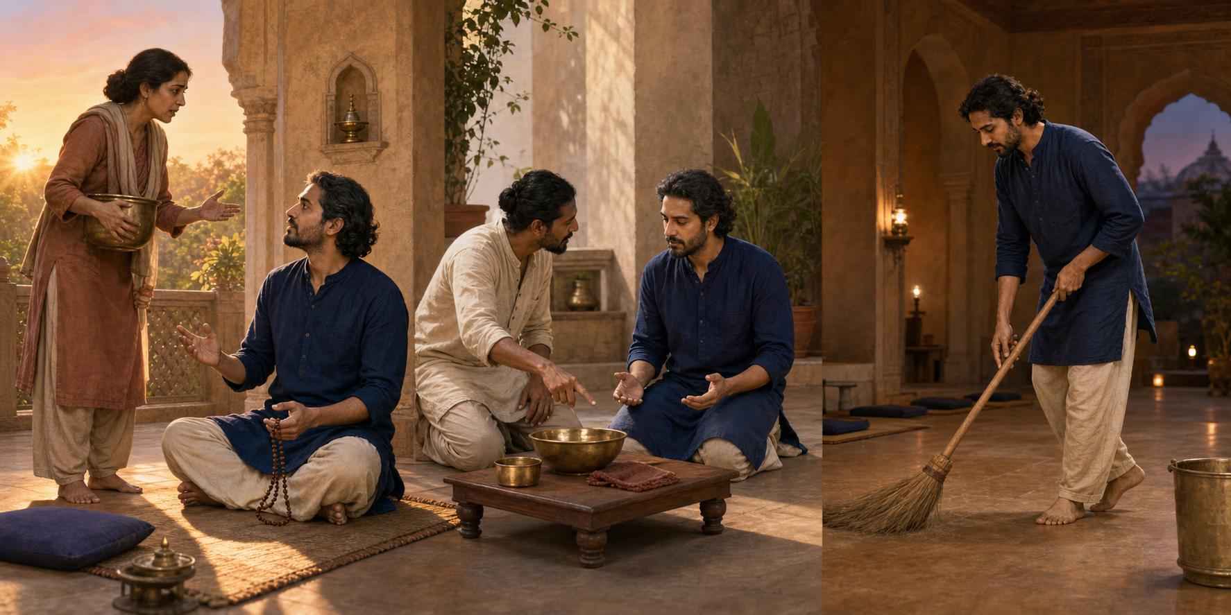 Three connected scenes show a practitioner responding calmly to an interruption, listening to a correction, and sweeping an empty practice room alone.