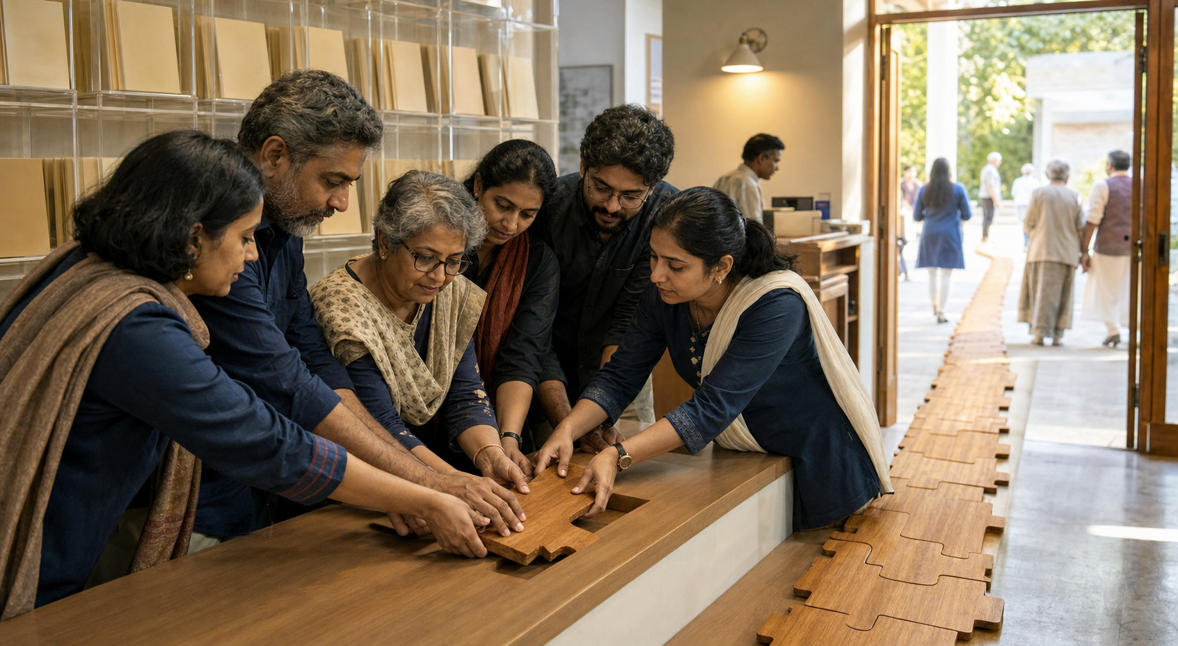 Community advocates and institutional representatives complete an interlocking wooden pathway in a bright media center.