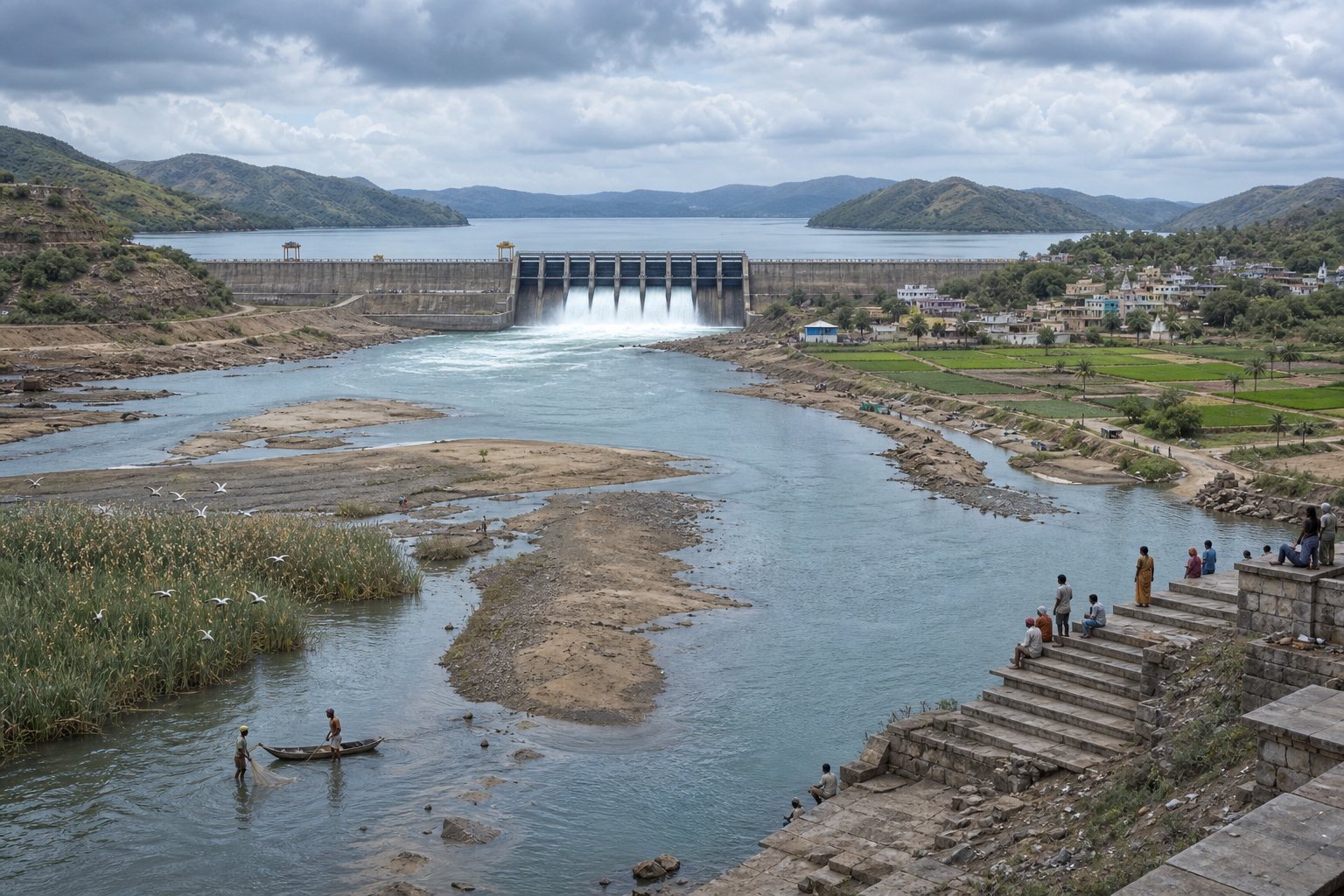 A dam releases water into the Narmada downstream of a reservoir, with fishers, sediment bars, farmland, reeds, birds, a riverside settlement and a ghat visible along the channel.