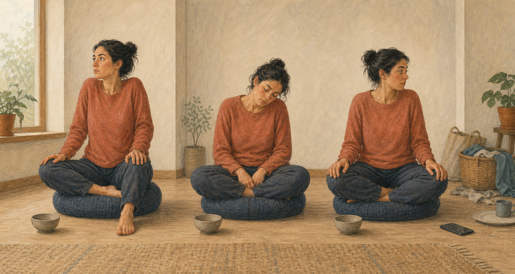 Three adjacent views show the same seated adult appearing physically restless, drowsy, and distracted in one simple practice space.