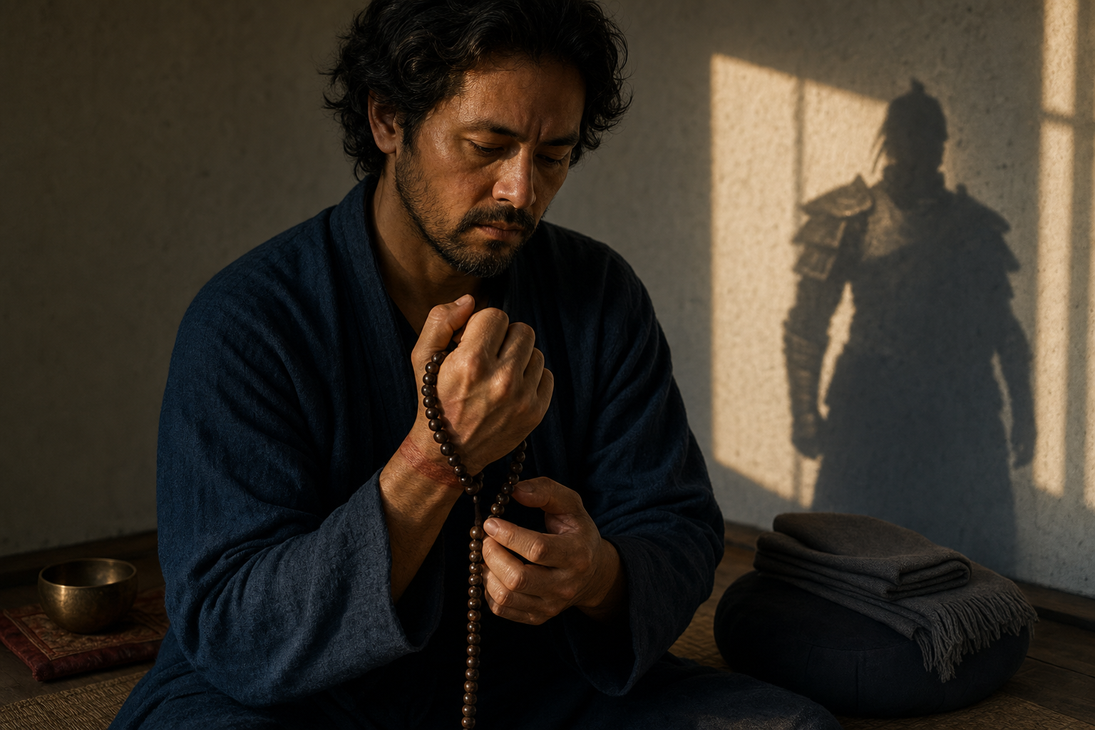 A seated practitioner notices a japa mala pulled tightly around a clenched hand while a rigid armor-like shadow falls on the wall.