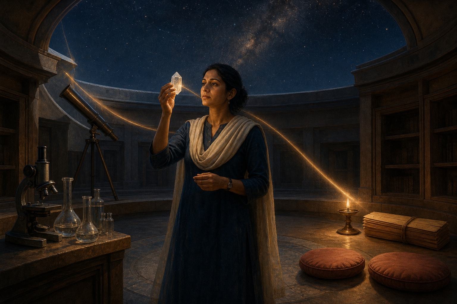 A researcher holding a crystal stands between scientific instruments, an uninscribed palm-leaf bundle, an oil lamp, and two dialogue cushions in a circular observatory-library.