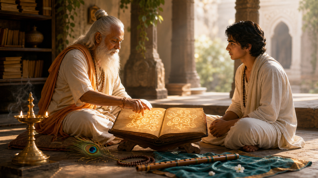 Elderly spiritual teacher guiding a young seeker beside a glowing sacred scripture in a peaceful temple ashram