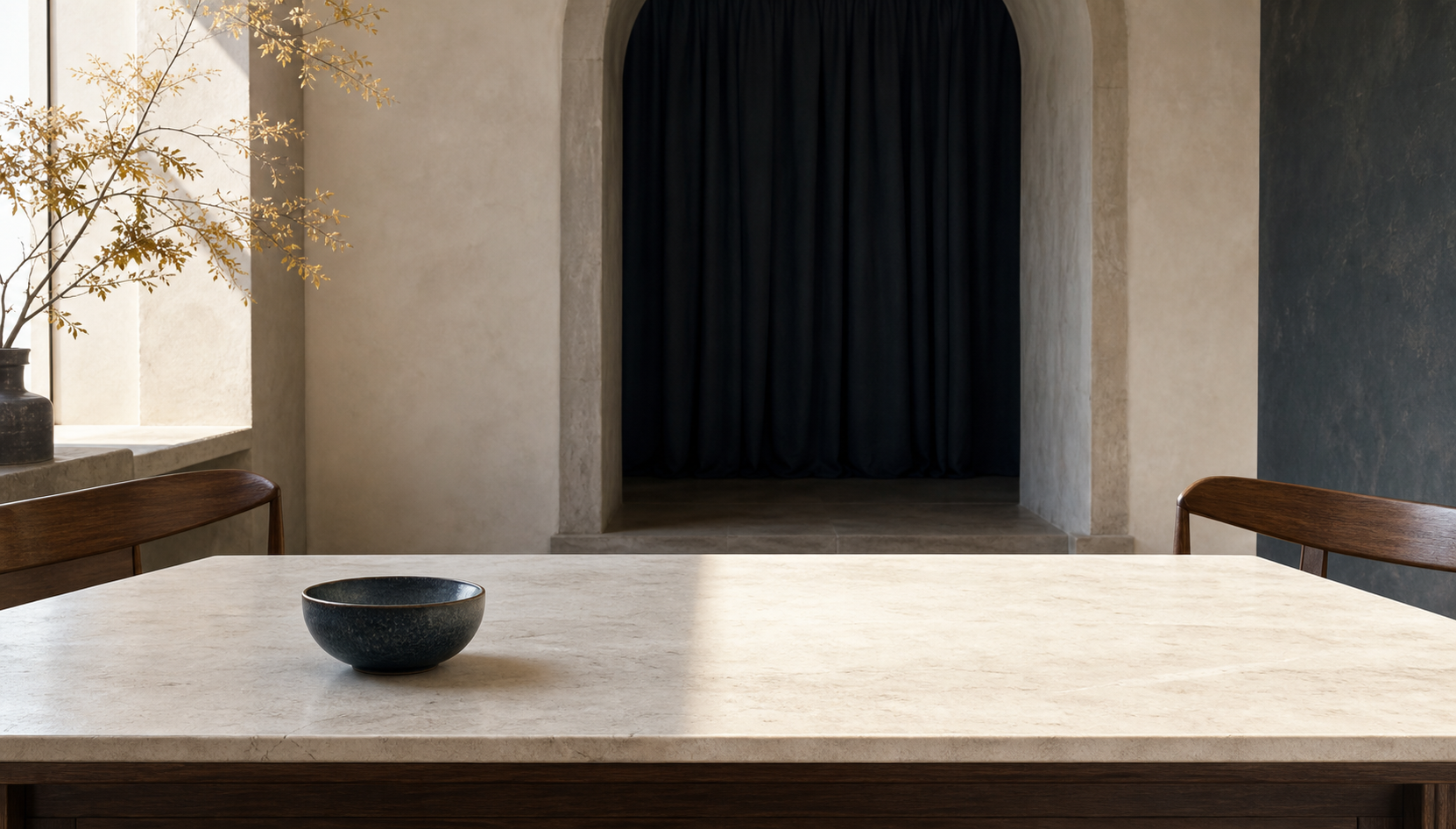 Illustration contrasting a brightly lit empty tabletop with a dark curtained alcove where an unseen object could remain hidden.