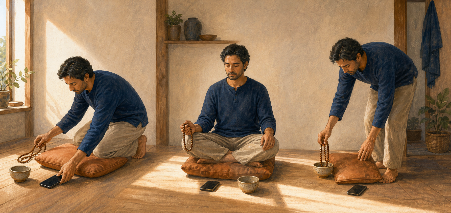 Three connected moments show an adult setting out prayer beads, sitting for practice, and returning the beads to a ceramic bowl.