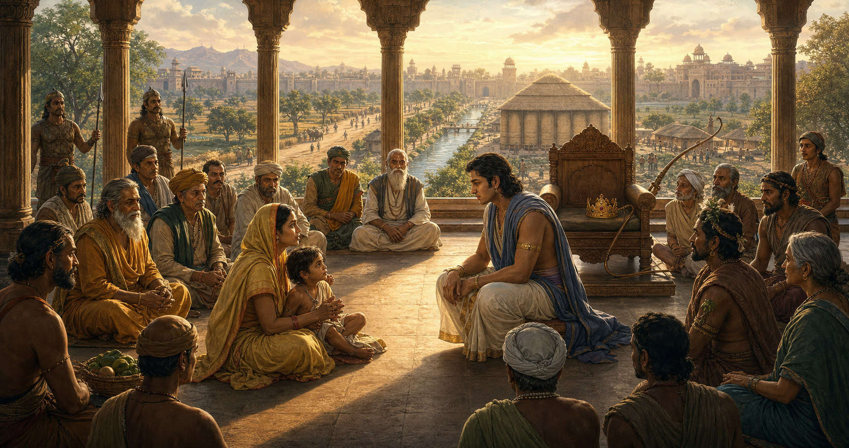 An ancient Indian ruler steps down from a throne to listen to a village woman with a child while ministers, guards and citizens observe in an open royal hall.