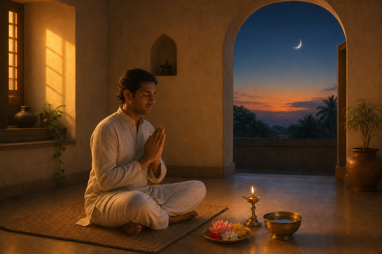 A devotee sits before a brass lamp, water bowl, and flowers as sunset gives way to moonlit twilight.