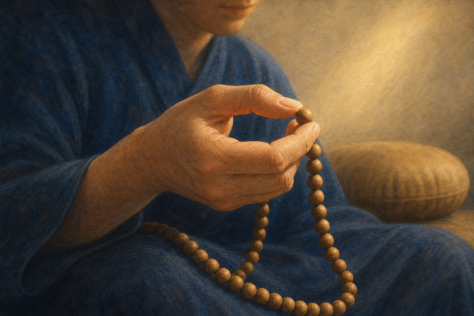 A relaxed hand gently holds one wooden prayer bead while the rest of the strand curves loosely across the person's lap.