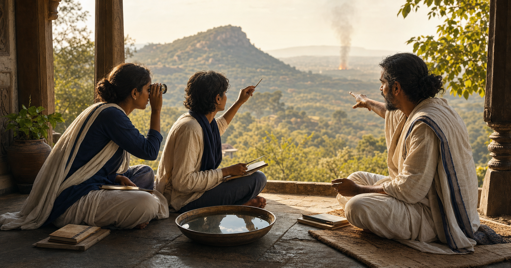Three people in a courtyard investigate a distant hill through direct observation, clues from smoke and fire, and conversation with a teacher.