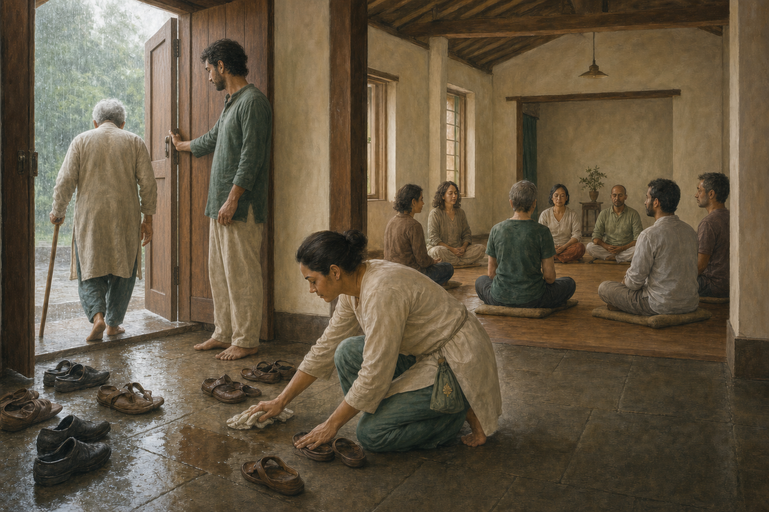 A practitioner arranges footwear and wipes rainwater at a meditation hall entrance as an elder and other participants arrive.