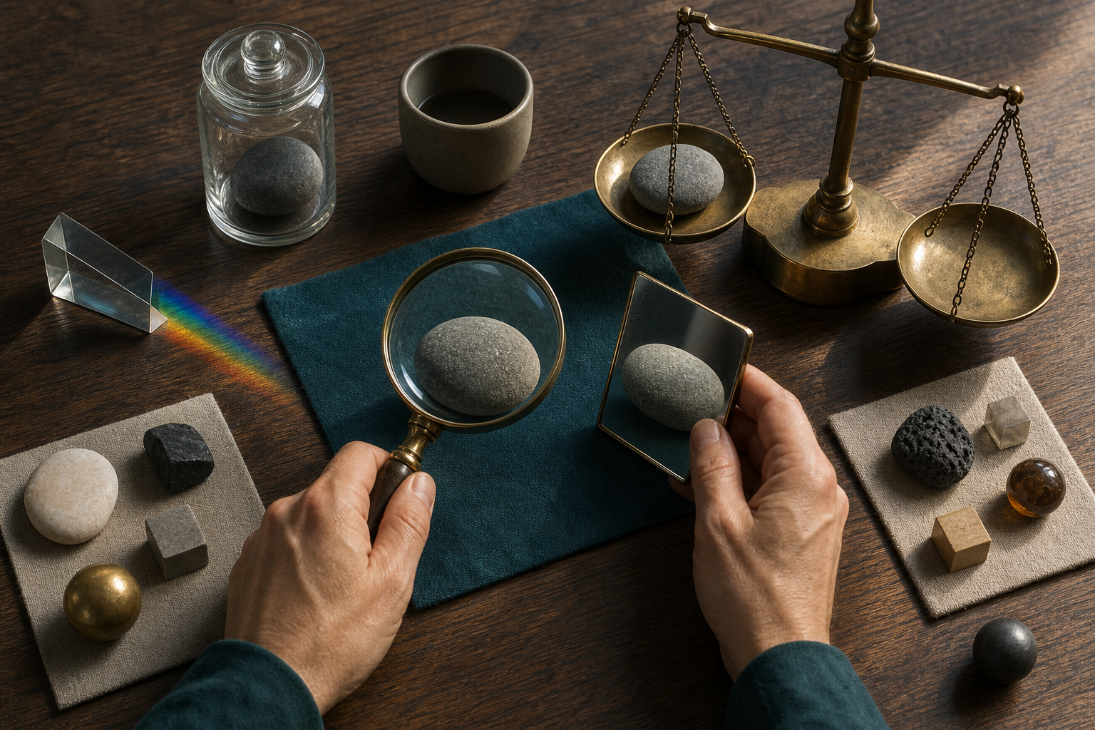 Hands examine a stone with a magnifying lens, mirror, balance, prism, and sample jar arranged on a wooden table.