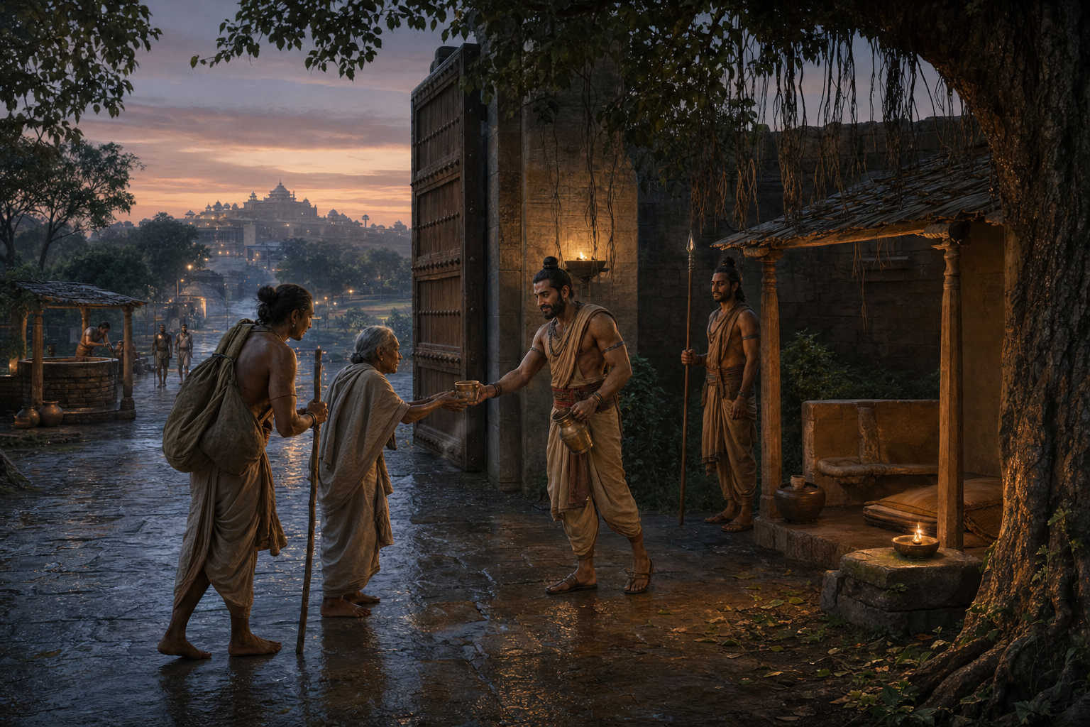 Guards at an ancient Indian town gate offer water and safe entry to a traveler and an elderly companion arriving from a forest road at dusk.