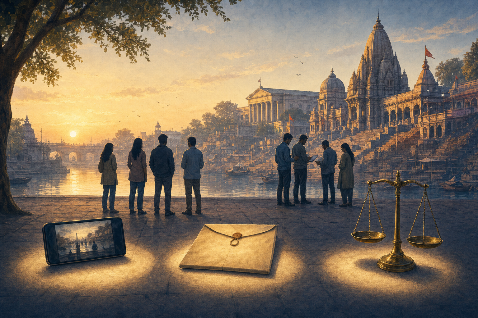 Editorial illustration of a smartphone, an evidence envelope, and scales of justice before investigators and young adults near a Ujjain-style river ghat.