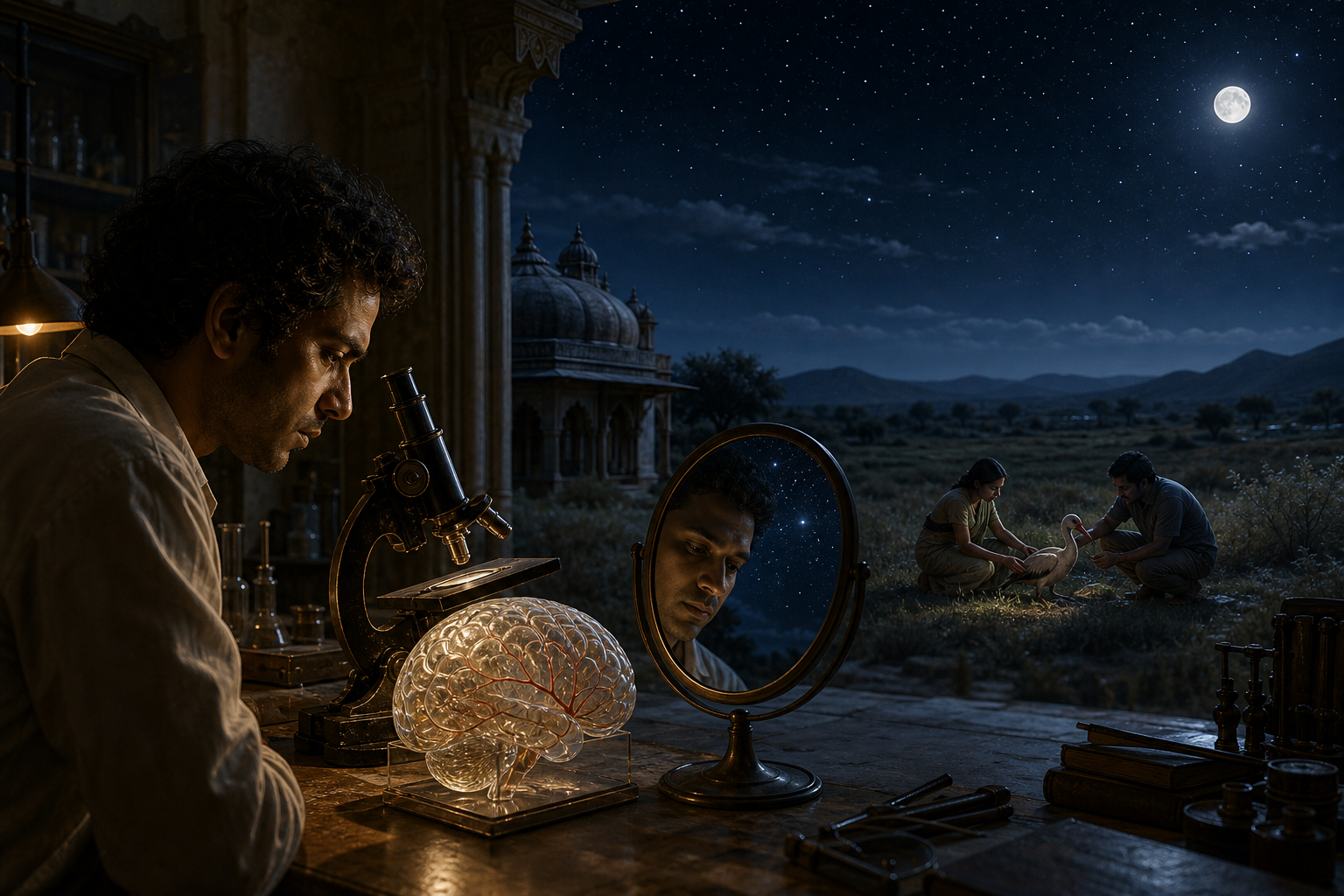 A scientist studies a brain model beside a mirror while, beyond the open laboratory, two people help an injured bird under a starry sky.