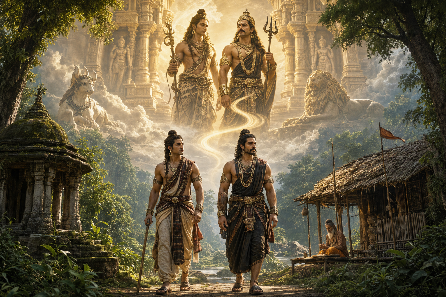 Celestial attendants Bhringi and Mahakala appear behind their earthly human forms, Betal and Bhairava, near a forest hermitage.