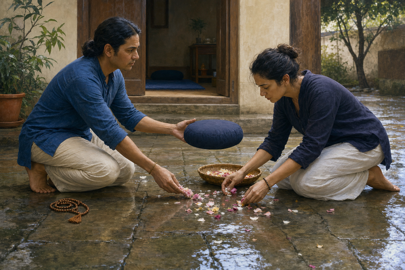Two practitioners repair a disrupted space together as one gathers scattered flower petals and offers the other a meditation cushion.