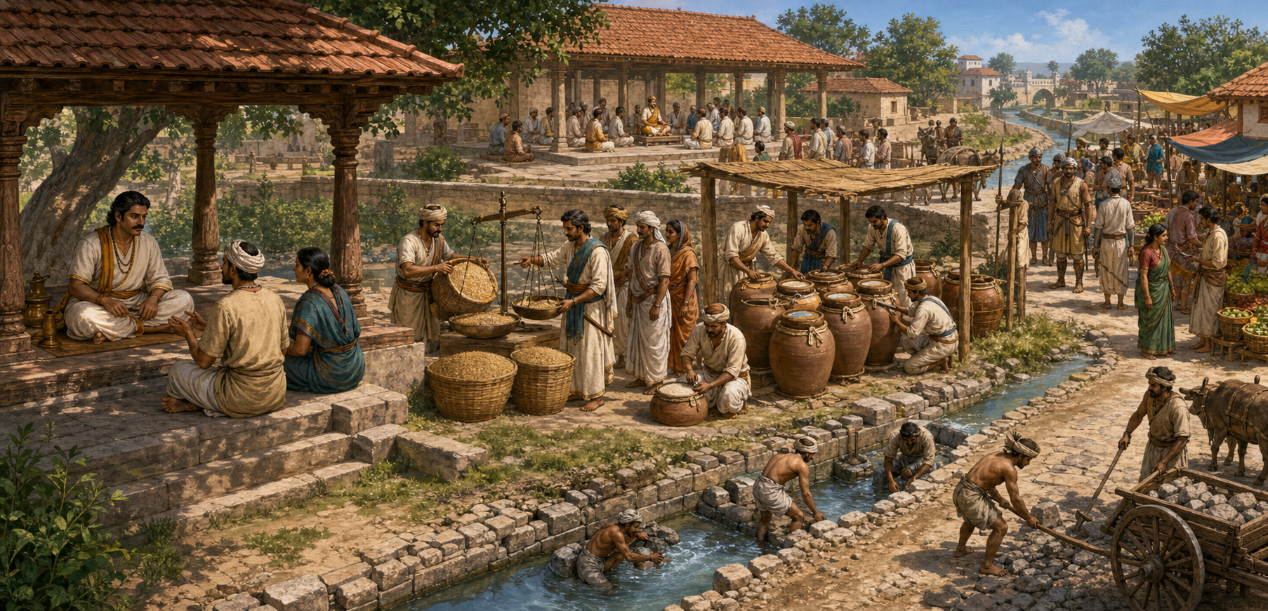 An ancient Indian civic panorama shows a village court, fair grain collection, storehouse inspection, road and irrigation repairs, market protection and royal counsel.
