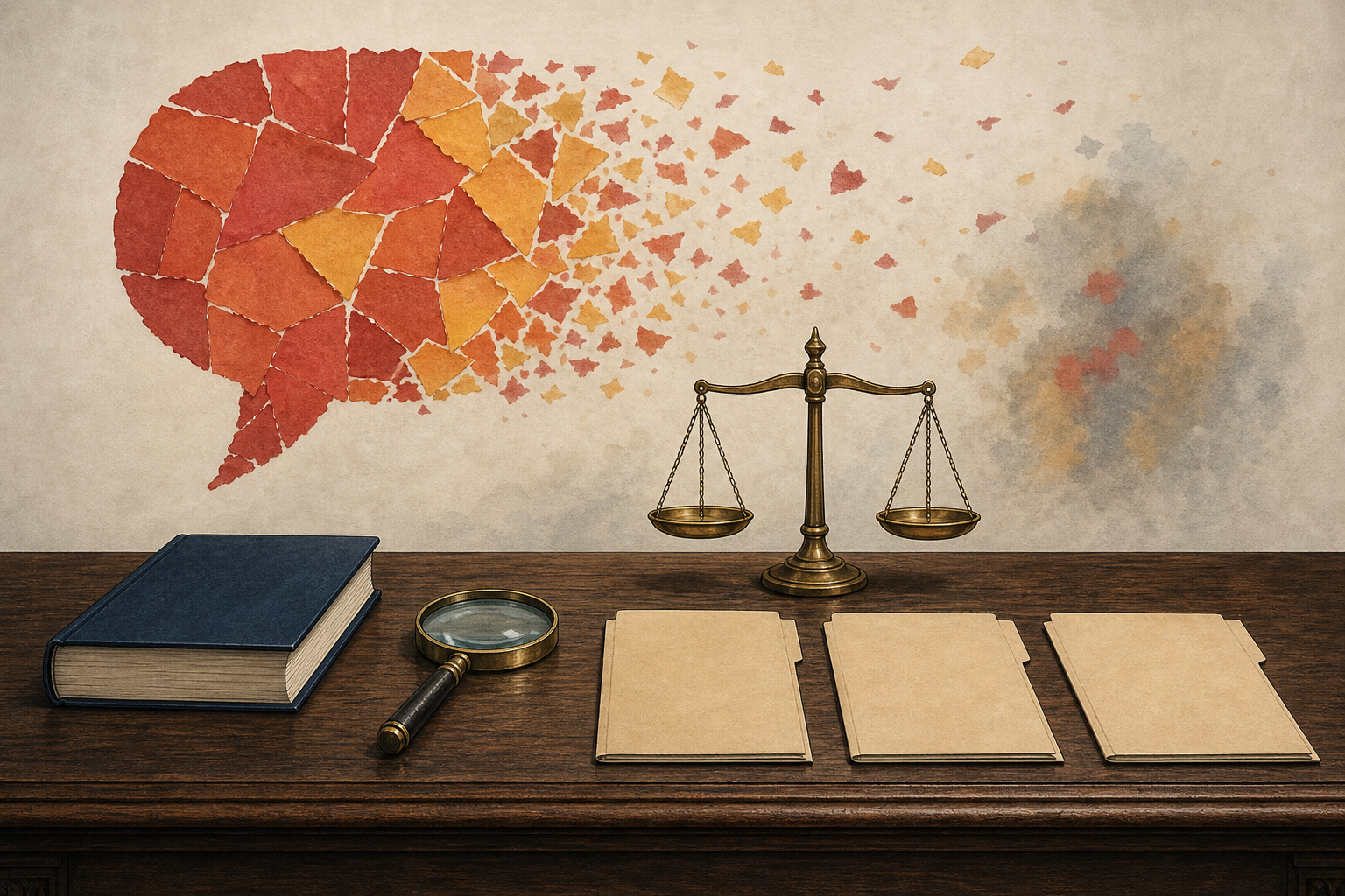 An indistinct speech bubble dissolves behind scales of justice, an unmarked law book, a magnifying glass, and separate evidence folders.