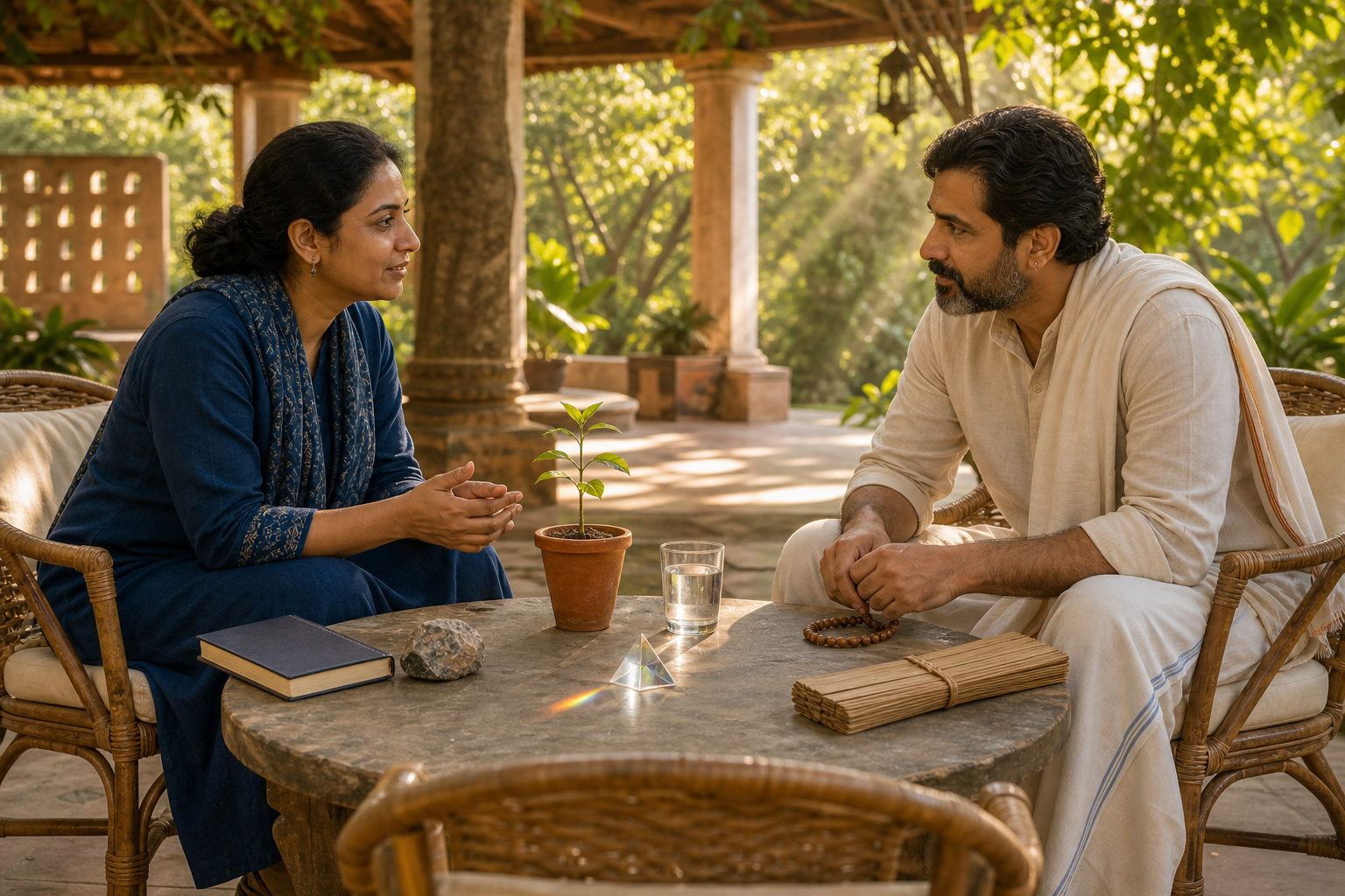 Two adults discuss a seedling, a glass of water, and a prism at a round table in a sunlit garden pavilion.