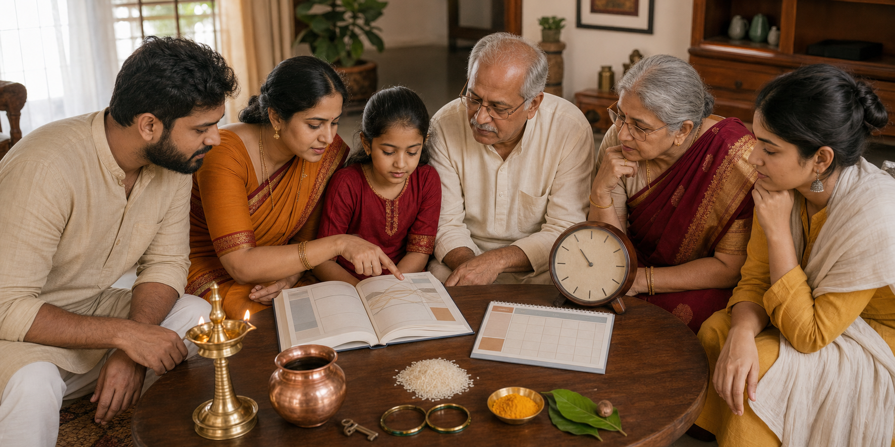 A Marathi family consults an open almanac and a clock beside brass ritual objects, wedding bangles, and a house key.