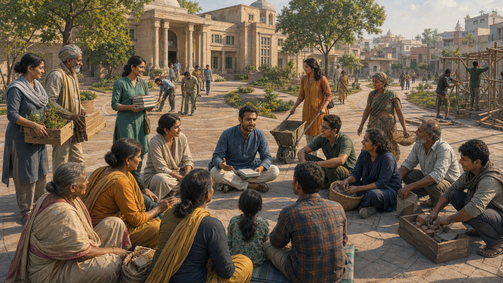 A civic leader stands among a diverse community whose members cooperate in a stone courtyard connected to a public institution and neighborhood.