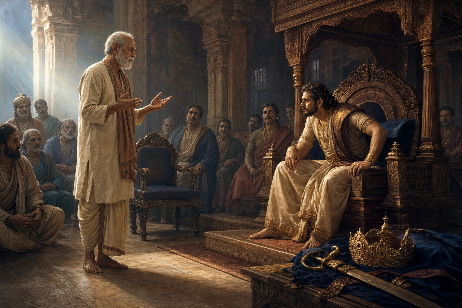 An elder counselor offers difficult advice to a seated ruler as concerned courtiers watch in an ancient Indian assembly hall.