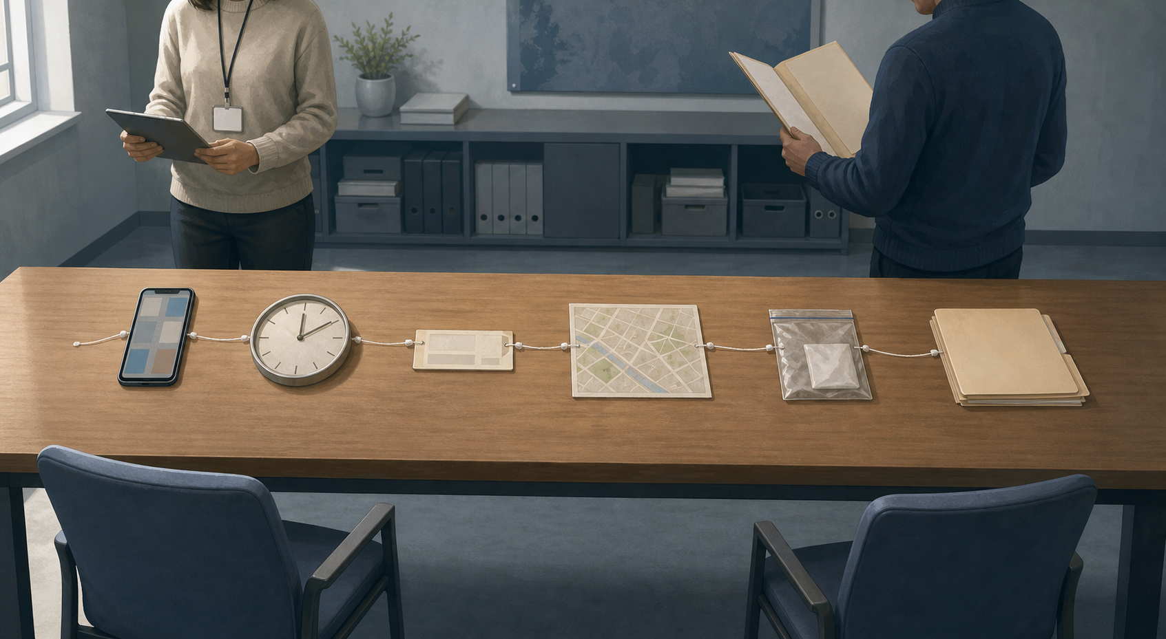 Two investigators review a phone, clock, ticket, map, sealed evidence, and interview files arranged in sequence on a table with two empty chairs.