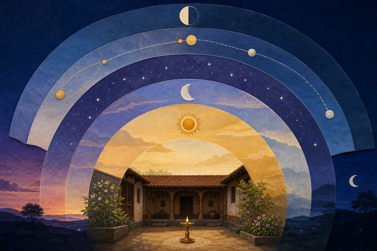 Five overlapping celestial arcs begin and end at different points across a stylized passage from dawn to night.