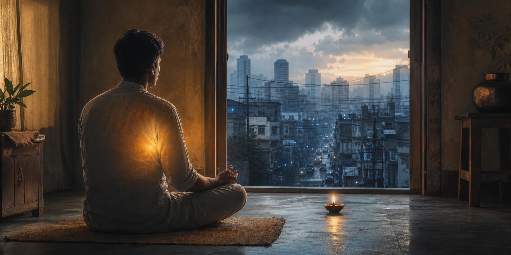 A person meditates beside a small oil lamp in a simple home at dawn, with a busy city visible through the open doorway.