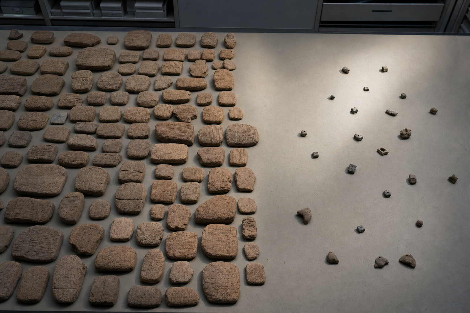 A dense group of clay tablets contrasts with a sparse set of small seal fragments on a museum storage table.