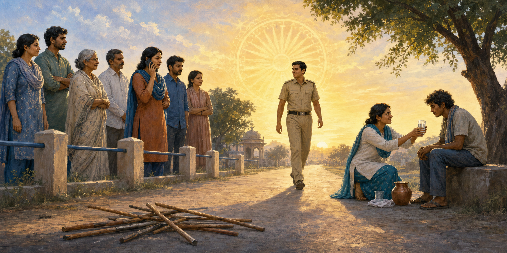 Community members contact an approaching officer while a volunteer offers water and a seat to a young adult; abandoned sticks lie away from the group.