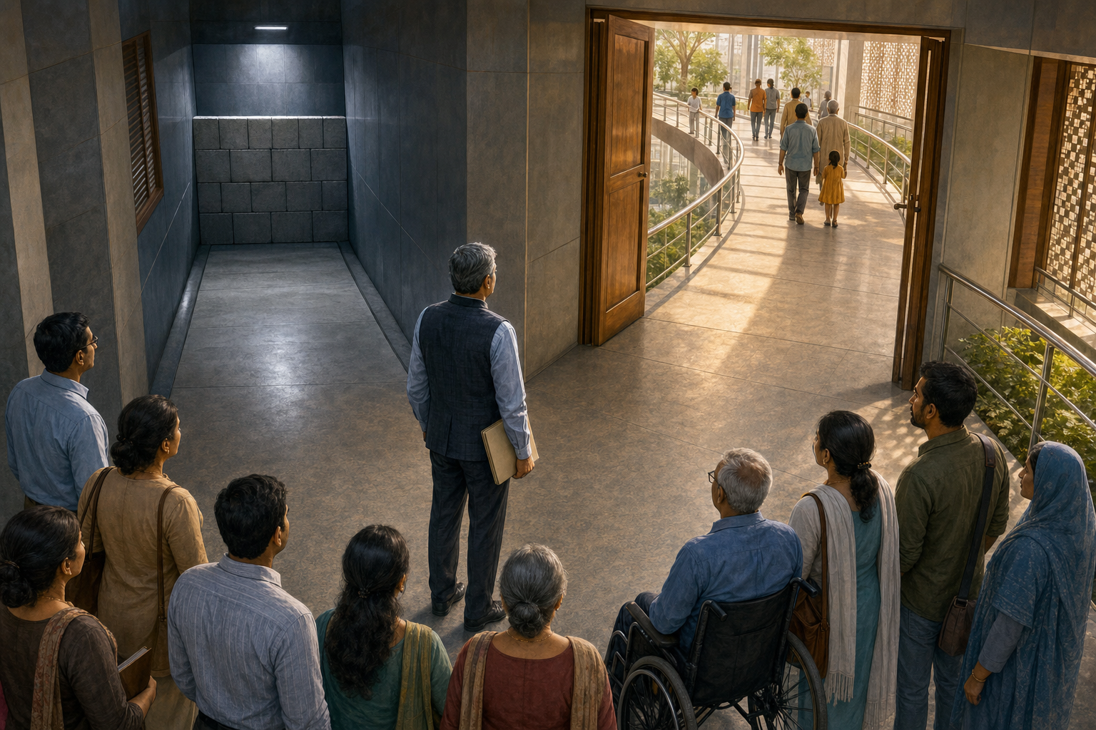 An administrator and a waiting group face two routes through a public building, one ending at a barrier and the other opening into a shared walkway.