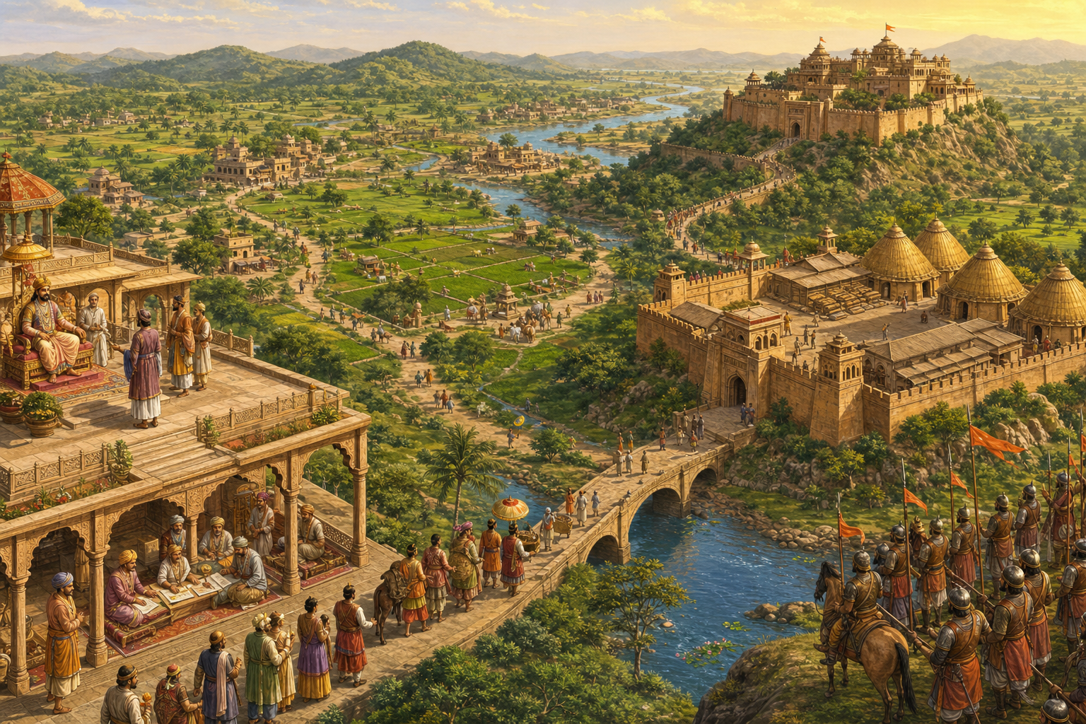 A bird's-eye view of an ancient Indian kingdom connects a royal court, ministers, farms and towns, a fortified capital, storehouses, defenders and visiting envoys.