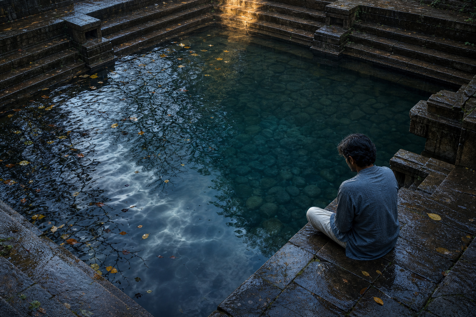 A seated person looks into a stepwell where wind disturbs the water's surface while the deeper center remains clear and still.