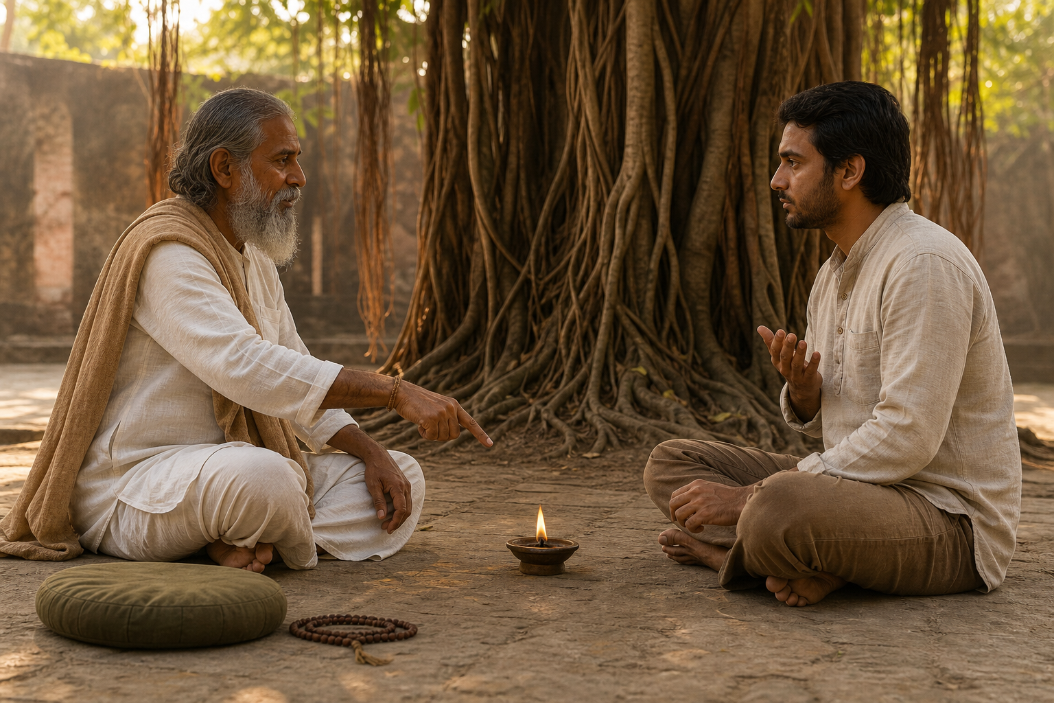 A spiritual teacher and an adult practitioner sit beneath a banyan tree with a small lit oil lamp placed between them.